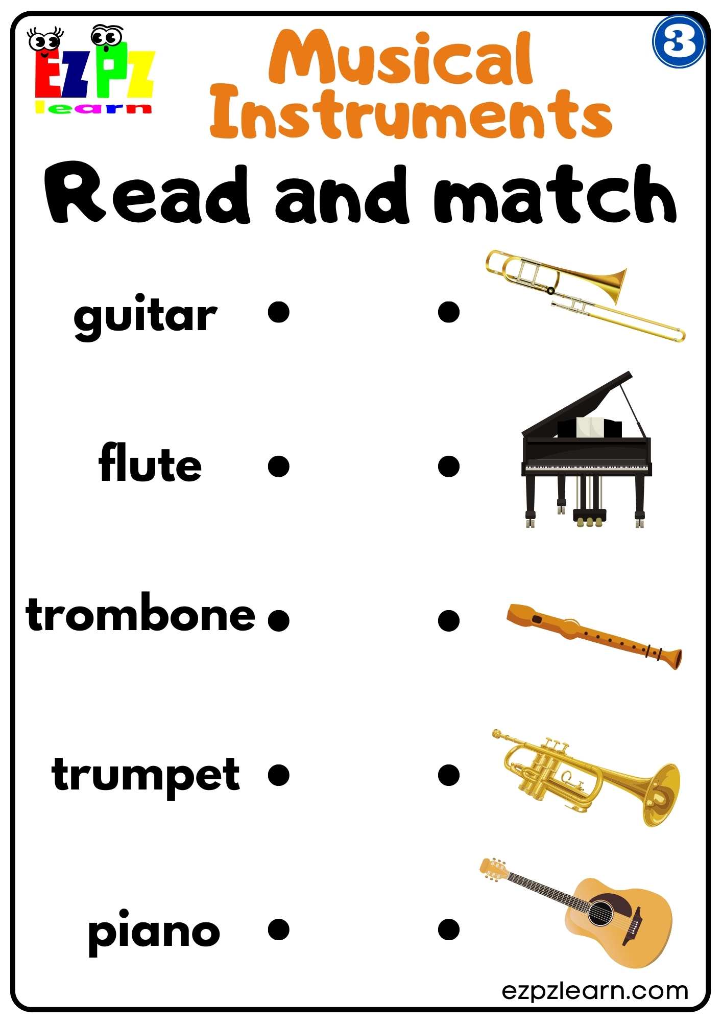 Group Three Musical Instruments Read and Match Worksheet For ESL and K5